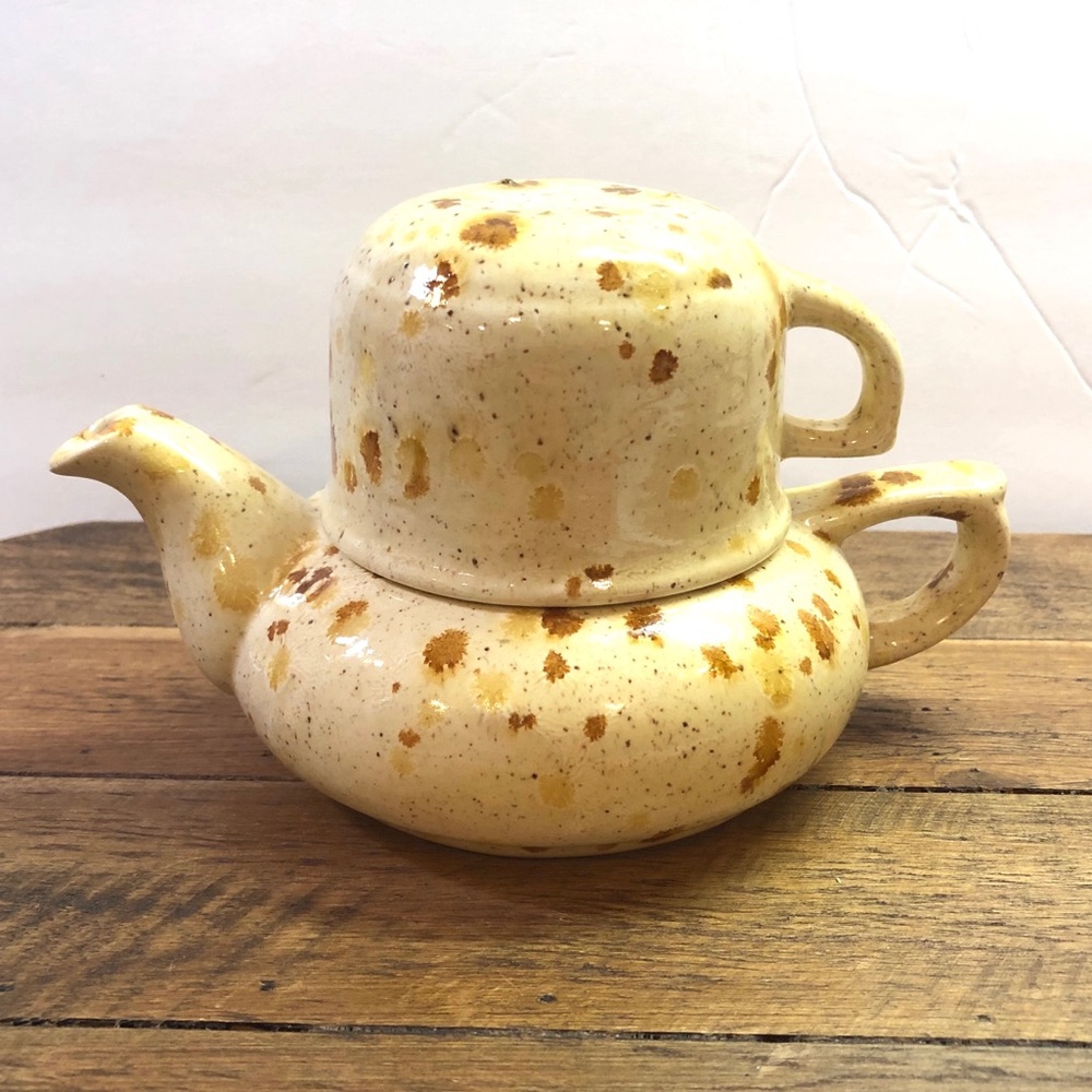 Vintage Brown Speckled Painted Teapot & Teacup Set
